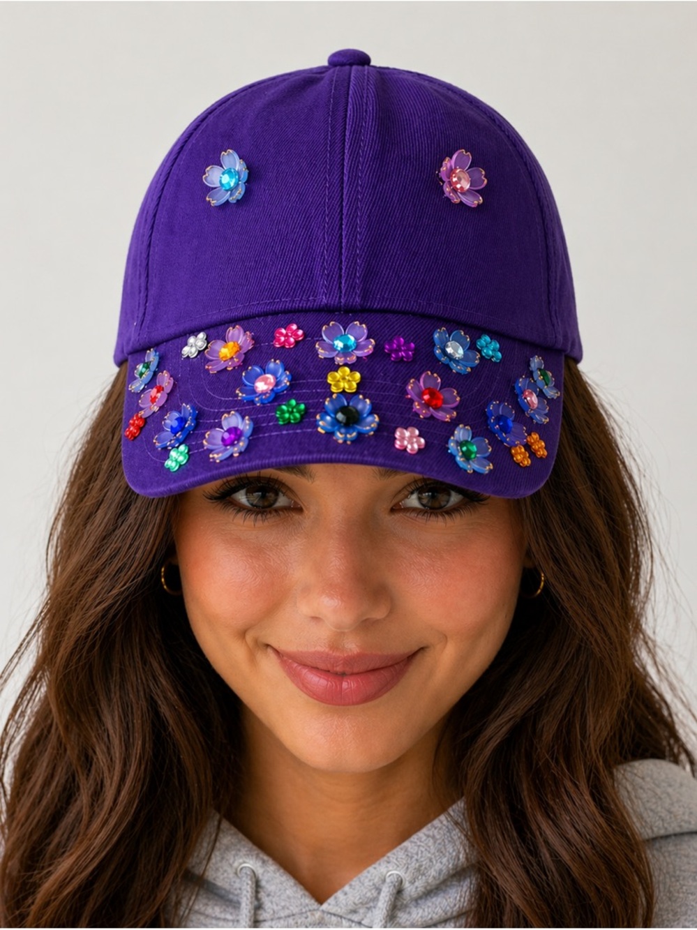 Handmade Purple Rhinestone Floral Baseball Cap | Bling Flower Hat | Adjustable